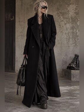 Vintage Tailored Image Black 100% Pure Wool Full Length Double Breasted Coat USA